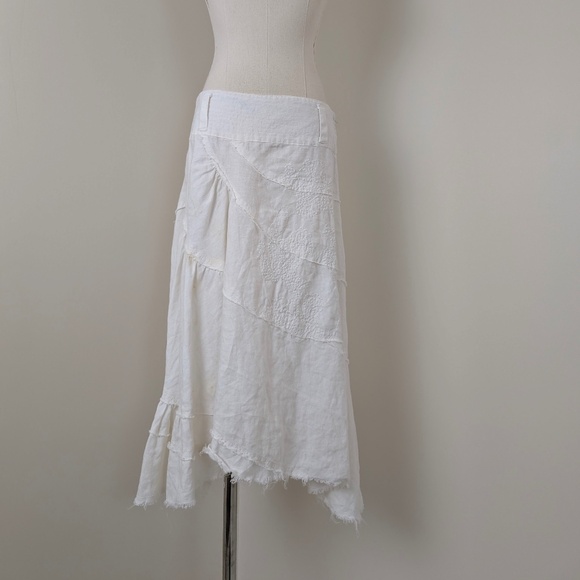 Linen Le Chateau Midi Skirt Asymmetrical White High Low Tiered Frayed Distressed - Picture 3 of 10